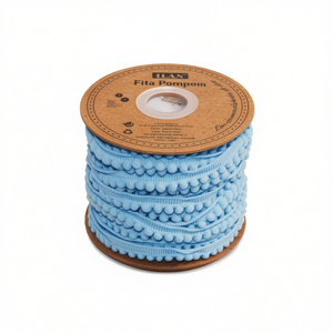 Nastro con pompon Ilan, largo 1,0 cm, lungo 20 iarde, decorazione artigianale azzurra - Product Image 1