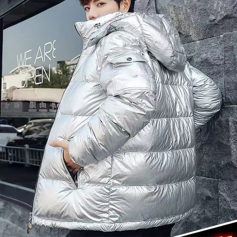 다운 코트 남자의 밝은 얼굴 트렌드 후드 짧은 두꺼운 겨울 폭격기 샤이니 퍼 남성 자켓