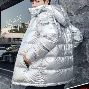 Down Coat Men's Bright Face Trend Hooded Short Thick Winter Bomber Shiny Puffer Men's Jacket