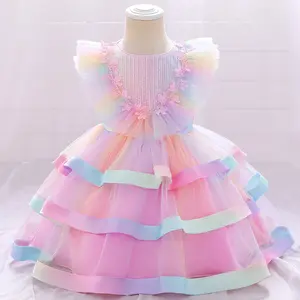 Rok anak perempuan, gaun pesta dansa anak-anak bayi perempuan 2023 jaring pelangi bunga berbulu rok kue halus warna cocok