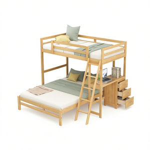 Lit superposé double avec bureau intégré et trois tiroirs, ensemble de meubles pour enfants, bois naturel, design contemporain - Product Image 1