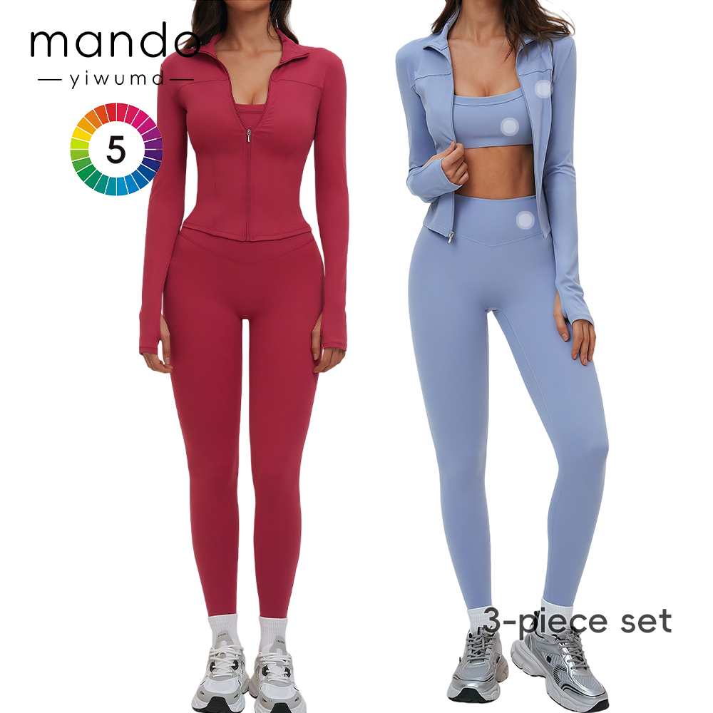 Women's 3 Piece Yoga Set High Quality Custom Logo Zip up Thumb Hole Jacket, Sports Bra & High Waist Leggings Set