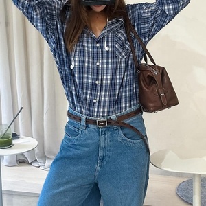 Camisa a cuadros azul otoño Blusa con botones <span class=keywords><strong>de</strong></span> algodón <span class=keywords><strong>de</strong></span> gran tamaño OEM mujer Vintage personalizado patrón a cuadros <span class=keywords><strong>tela</strong></span> <span class=keywords><strong>de</strong></span> <span class=keywords><strong>franela</strong></span> <span class=keywords><strong>de</strong></span> algodón - Product Image 2
