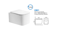 Ensemble de toilette mural en céramique pour salle de bain aux normes européennes, une pièce, double chasse d'eau avec piège en P sans rebord, forme de cuvette carrée