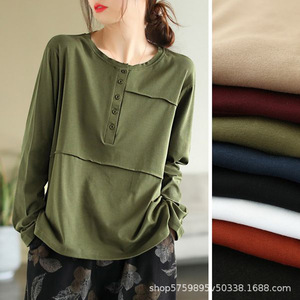 Women Long Sleeve T-<b>Shirt</b> Knitted Polyester <b>Patchwork</b> Buttons Casual Everyday Wear Spring Autumn Green Black White Gray - Product Image 1