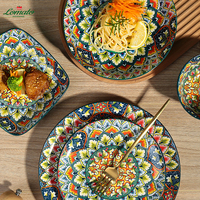 LOMATO – Ensemble de vaisselle en céramique durable, motif géométrique bohème, assiettes à dessert/gâteau de 6/8/10 pouces, vert, compatible micro-ondes