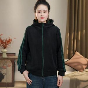 Women's Hooded Sweatshirt Jacket Green Zipper Long Sleeve Loose Fit Breathable Knitted Autumn Winter Wear - Product Image 3