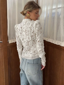 Nuova Camicetta da Donna <span class=keywords><strong>in</strong></span> <span class=keywords><strong>Pizzo</strong></span> Traforato, Stile Vintage, Trasparente, per l'Estate, con Stampa Floreale, Top Elegante per il Lavoro - Product Image 3