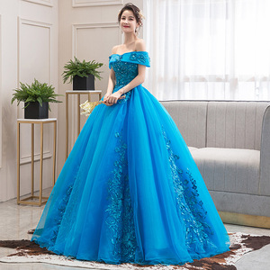 Blue Tulle Off Shoulder Stage Performance Dress Women Lake Blue Long Gown Art Exam Evening Wear Puff Skirt - Product Image 3