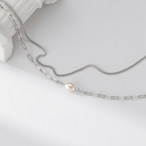 Collar de Perlas D6844, Cadena de Clavícula con Perlas y Diamantes, Estilo Coreano, Elegante y Fresco, Plata S925 - Product Image 2