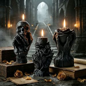 Bougie en forme de crâne et de main de squelette, style horreur, sculpture artistique unique pour la décoration d'Halloween - Product Image 1