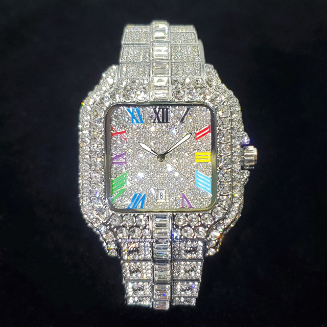 2026 New Luxury Diamond Watch Men Fashion Iced Out Square Colorful Number Watches Hip Hop Bling Jewelry Reloj Hombre for Party