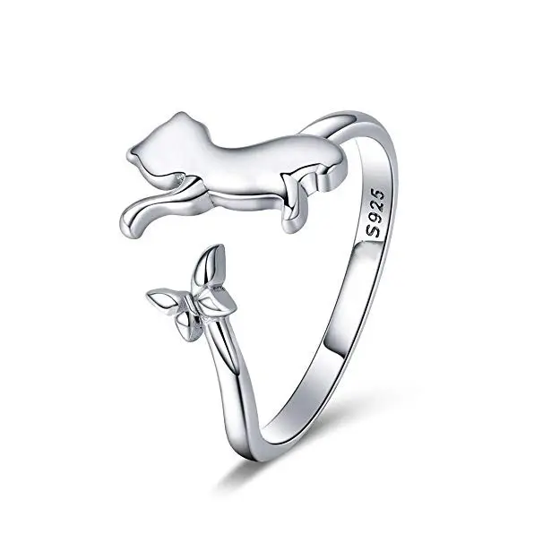 Jewelry Women Cute Animal Open Resizable Statement 925 Sterling Silver Cat Ring