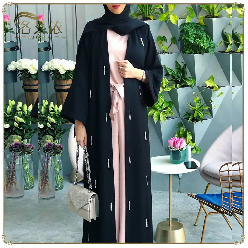 W&A 2020 high quality luxury hand beaded design ladies abaya muslim dresses kaftan style solid color