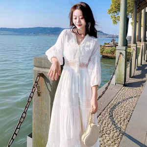 Quality <strong>Fairy</strong> <strong>White</strong> Spring Summer New Fashion Hollow Design Long Bohemian Solid Color Slim Organic Cotton V-neck Crochet <strong>Dress</strong> - Product Image 3