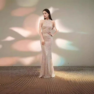 Halter Neck <b>Sequined</b> Bodycon Evening Gown Wine <b>Red</b> Long Fit For Women Formal Party Dress - Product Image 4