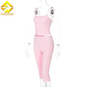 Summer 2 Piece <strong>Outfits</strong> Woman Casual <strong>Pink</strong> Ribbed Knitted Top and Cropped Pants Sets Women - Product Image 6