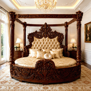 Lit à baldaquin rond de luxe antique Maharaja avec piliers, lit à baldaquin rond en bois sur mesure, mobilier de chambre à coucher de style palais royal - Product Image 1