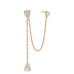 Boucles d'oreilles pendantes JINYOU 5688 de luxe en acier inoxydable plaqué or avec double chaîne à maillons et zircone cubique taille poire - Product Image 1