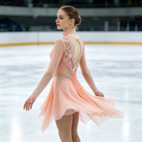 Robe de patinage artistique rose clair pour enfants et adultes, en maille à manches longues, avec strass et découpes florales au dos, pour compétition et spectacle