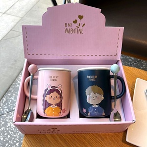 Tazas de <span class=keywords><strong>Café</strong></span> de Cerámica con Dibujos Animados de Niños y Niñas, Taza de Porcelana con Tapa y Cuchara para Regalos de Pareja - Product Image 4
