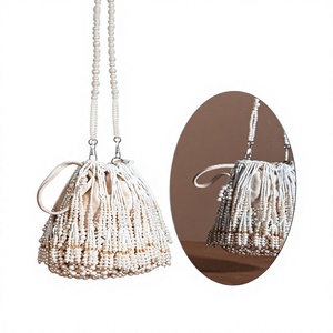 Handcrafted <b>White</b> Beaded Bucket <b>Bag</b> Elegant Pearl Fringe Evening Purse with Chain Strap - Product Image 1