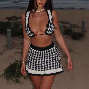 سترة بيكيني كاجوال؛ توب كاميسول؛ تنورة قصيرة بوهيمية متعددة الألوان للشاطئ؛ طقم محبوك. - Product Image 3