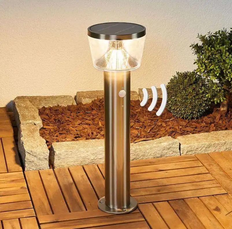 Lámpara de pie de seguridad para jardín, luz Solar de acero inoxidable con Sensor de movimiento, ángulo Ultra ancho de 540mm, poste de luz para exteriores