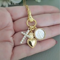 Collier pendentif en acier inoxydable plaqué or NM54152, cœur sacré, perle, croix, charmes de la Vierge Marie, bijoux catholiques, cadeau