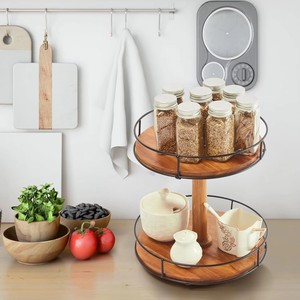 Wooden <b>Rotating</b> Storage <b>Rack</b> 9.5x10.2 Inch 2 Tier Lazy Susan For Kitchen <b>Spice</b> Bathroom Cosmetics - Product Image 3