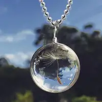 Dandelion colar de pingente de vidro, colar com pingente de garrafa de vidro simples, pingente redondo de alta qualidade com pingente de cristal, pingente de colar