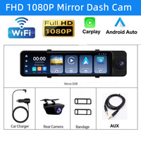 Kamera dasbor cermin 1080p 11 inci, kamera belakang dengan kontrol suara dengan cermin Carplay & kamera dasbor otomatis Android dan belakang