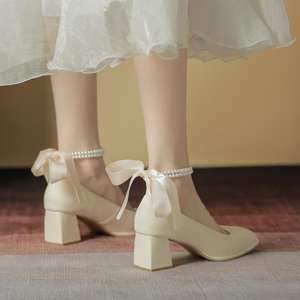 Chaussures de mariée Mary Jane pour femme, à talon carré, en cuir véritable, antidérapantes, tendance mode, plates, été-automne - Product Image 1