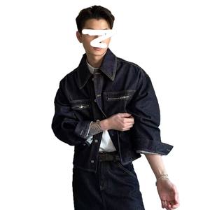 Autumn New High-Quality Design Denim Raw Cowhide Dark Blue Workwear Jeans Jacket for Men Loose Vintage <b>Coat</b> - Product Image 5