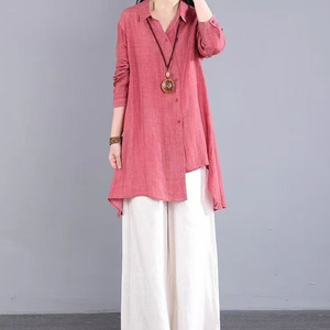 Irregular Design Polo Collar Cotton Linen Long Sleeve Shirt Women's Solid Color Asymmetric Mid Length Spring Summer Style - Product Image 3