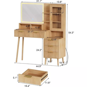 Natural <strong>Walnut</strong> Wood Dresser <strong>Table</strong> Vanity Bedroom Drawers <strong>Dressing</strong> <strong>Table</strong> With Side Cabinet and Lighted Mirror - Product Image 6