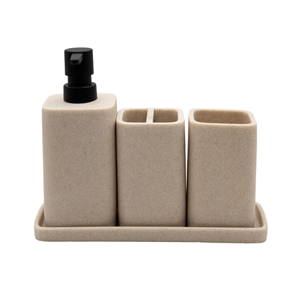 Luxury Modern Beige <b>Square</b> Four-Piece Resin Polyresin Bathroom Accessories <b>Set</b> with Soap Dispenser for Home Decor - Product Image 1