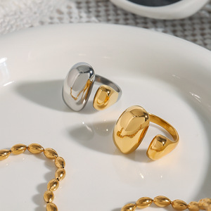 Asymmetrical Double Lobed <b>Open</b> <b>Ring</b> 18k Gold Stainless Steel Geometric Design Unisex Jewelry Gift - Product Image 2