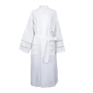 高品质100% 棉华夫饼干白色女式浴袍定制超柔软透气和服华夫饼干睡衣