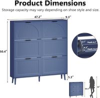 Meuble à chaussures moderne bleu à 6 tiroirs basculants, panneau cannelé en forme d'arche avec dispositif anti-basculement, gain de place pour l'entrée familiale.