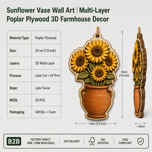 Decorazione Murale Girasole 20cm |   Vaso Decorativo 3D in Compensato di Pioppo Multistrato |   OEM Ingrosso CPSC |   Decorazione da Parete per Casa Accogliente in Stile Rustico - Product Image 6