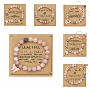 Natural Stone Beaded <b>Bracelet</b> Pink Butterfly <b>Turtle</b> Pendant Inspirational Jewelry Gift for Women - Product Image 1