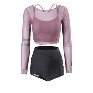 Maillot de bain deux pièces pour femmes, manches longues, protection solaire UPF50 +, maillot de bain de sport, rose et gris, col rond, taille adulte - Product Image 3