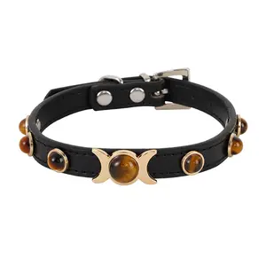 New tiger eye stone pet collar metal buckle PU leather dog chain dog collar