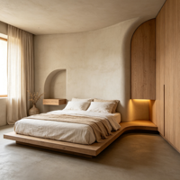 Armoire de chambre moderne sans poignée en chêne massif sur mesure avec mur courbé, niche LED, OEM ODM