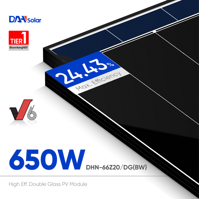 DAH Solar 640w 650w 660w Solar Panel DHN-66Z20/DG(BW) 36pcs/Pallet Glass a Black Frame Half Cell