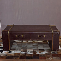 Table basse rétro de style américain et européen avec plateau en cuir véritable finition huilée et cirée, espace de rangement pour salon ou bar à cigares