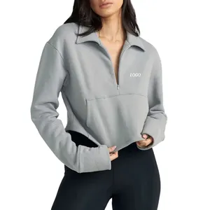 Custom Women Suppliers Causal Premium Hoodies Cotton Half Zip Crop Top Sweatshirt For Women