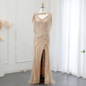 <span class=keywords><strong>Vestido</strong></span> de Noche Largo de Lujo Sharon Said SS035, Color Plateado Nude, con Capa, Pedrería, Abertura, para Mujer, para <span class=keywords><strong>Fiesta</strong></span> de Graduación, Boda - Product Image 2