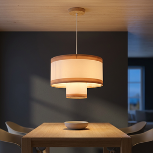 Suspension en bois avec abat-jour rond en forme de tambour, LED E27 2700K, blanc chaud doux, à fixation au plafond pour salle à manger - Product Image 3